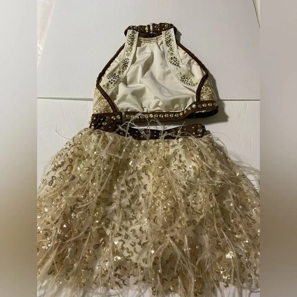 Glamour solo dance costume 2 piece cream tan feather embellished SA adult